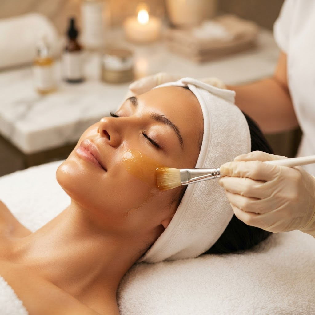 An esthetician applying a golden serum during a signature Olympia facial