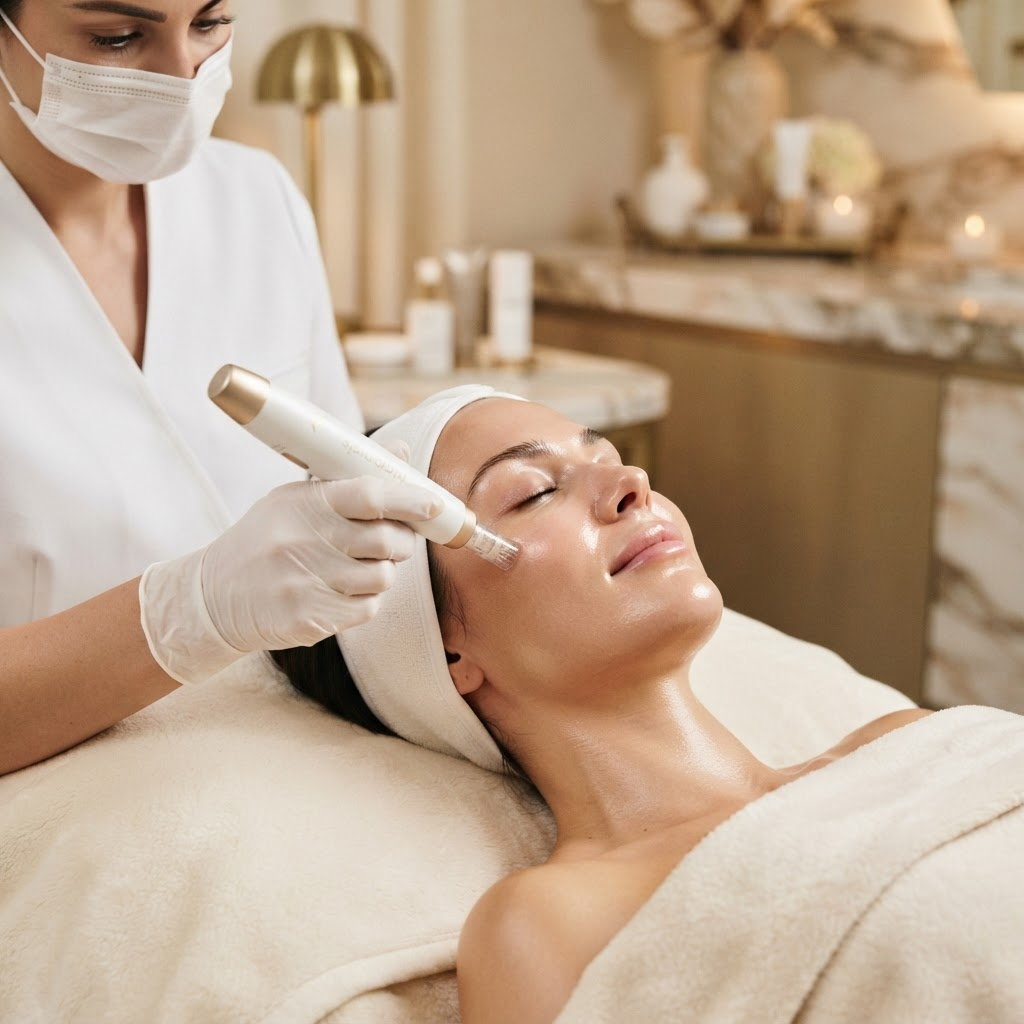 A professional microneedling treatment performed with a gold and white device