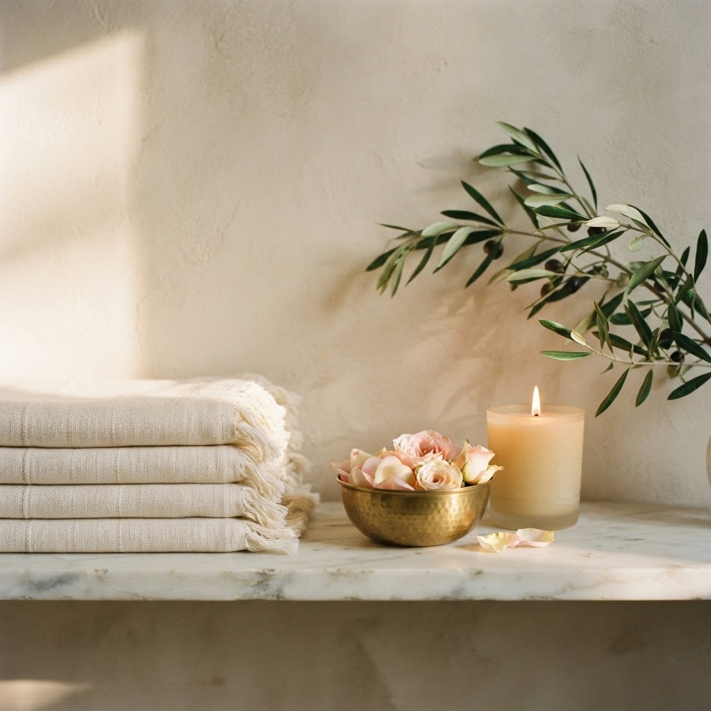 Ivory towels, a brass bowl of rose petals, and a lit candle on a marble shelf